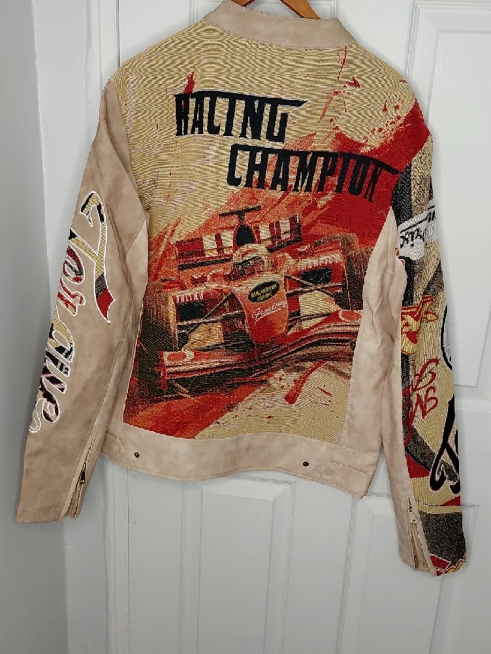 Beige Racing Graphic Leather Jacket - Picture 10 of 12